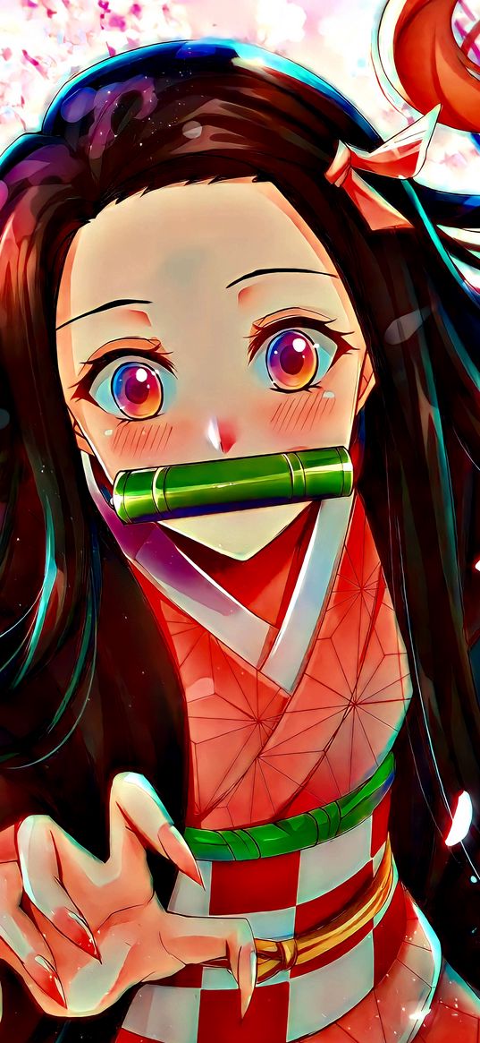 nezuko, demon slayer, anime, girl, bamboo, kimono, art