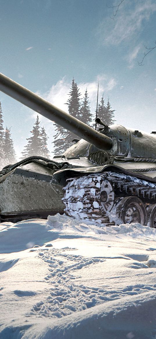 tank, snow, forest, trees, sky, art