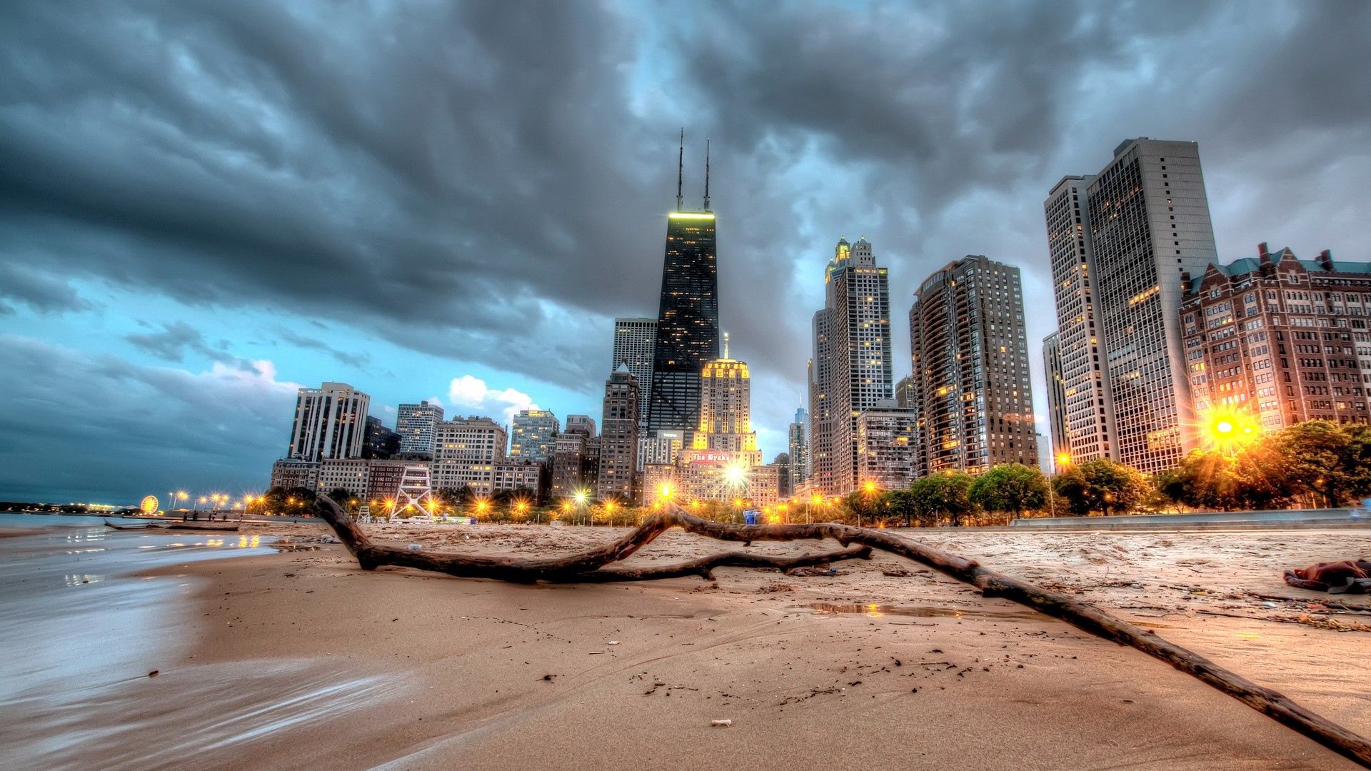 chicago, skyscraper, beach, sand, hdr