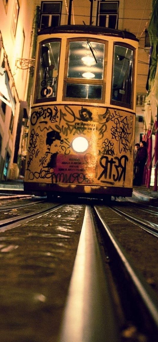 tram, rails, evening, graffiti, street