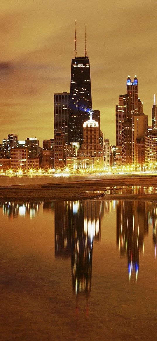 chicago, lights, city, night, beach, buildings, skyscrapers, hdr