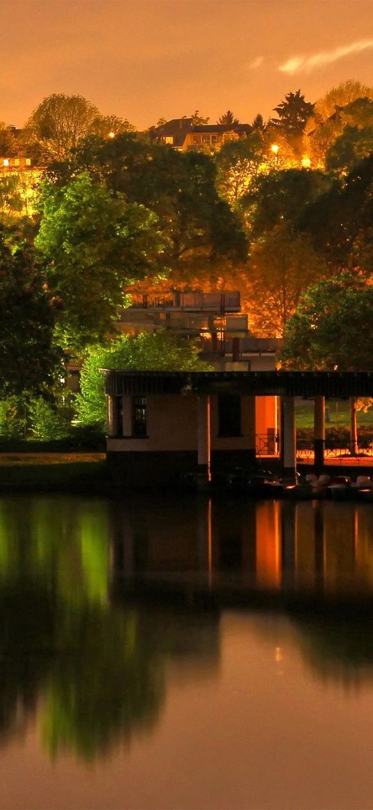 building, trees, landscape, night, lights, river