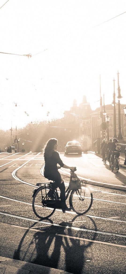 street, road, bicycle, people, light, sun, black white