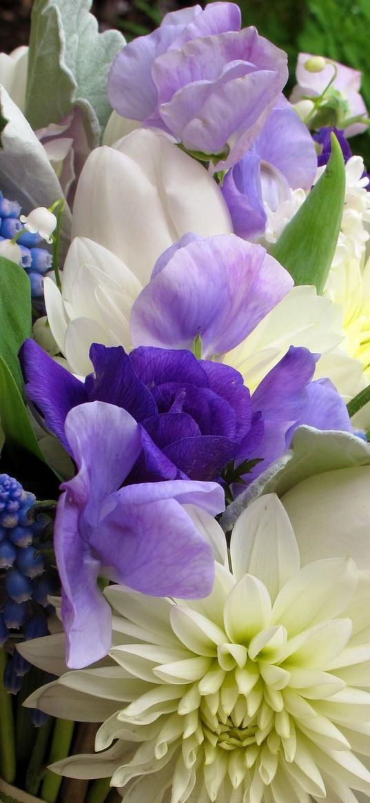 chrysanthemums, flowers, bouquet, muscari, lilys of the valley, spring