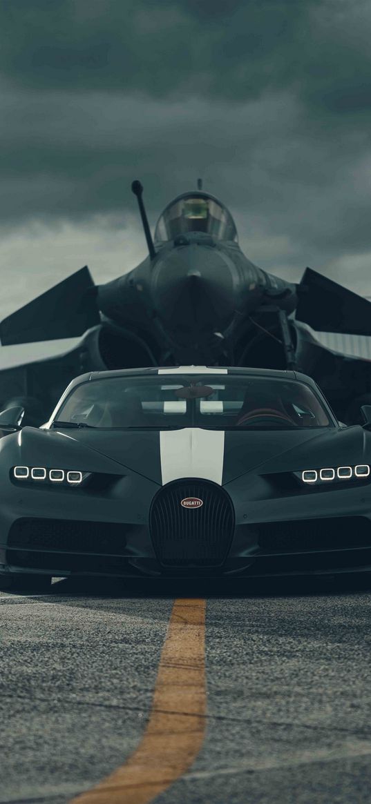 bugatti chiron, bugatti, sports car, car, black, airplane, airport, clouds, cloudy