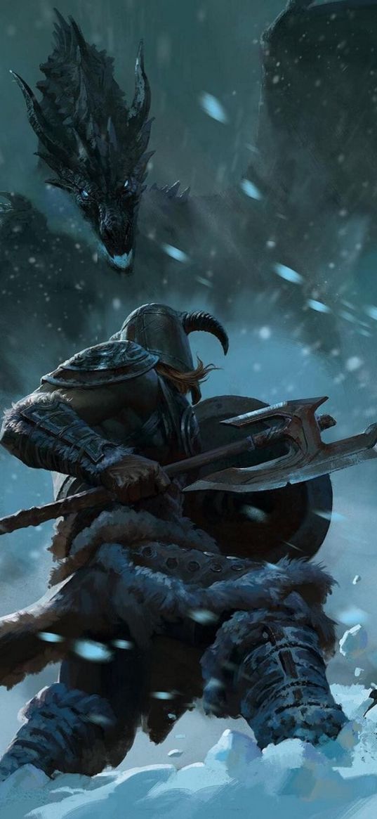 viking, warrior, dragon, snow, blizzard, art