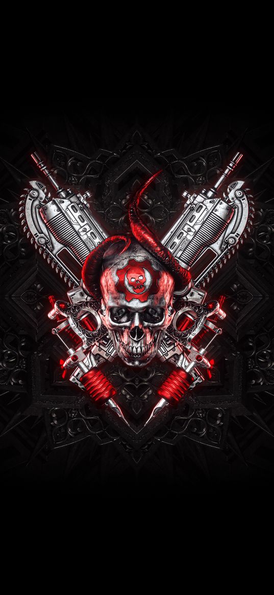 skull, horns, weapons, silver, red, dark background, art