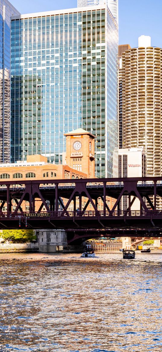 bridge, river, buildings, skyscrapers, yacht, city