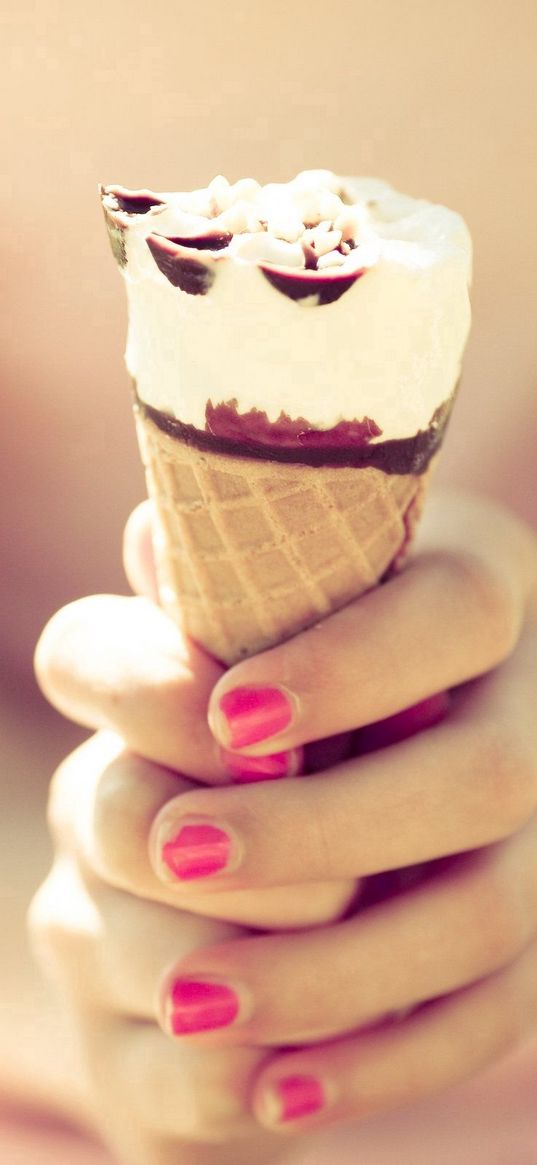 ice-cream, horn, hands, girl, nails, summer