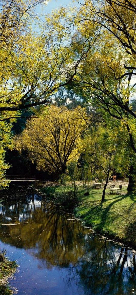 park, rest, river, trees, autumn, australia