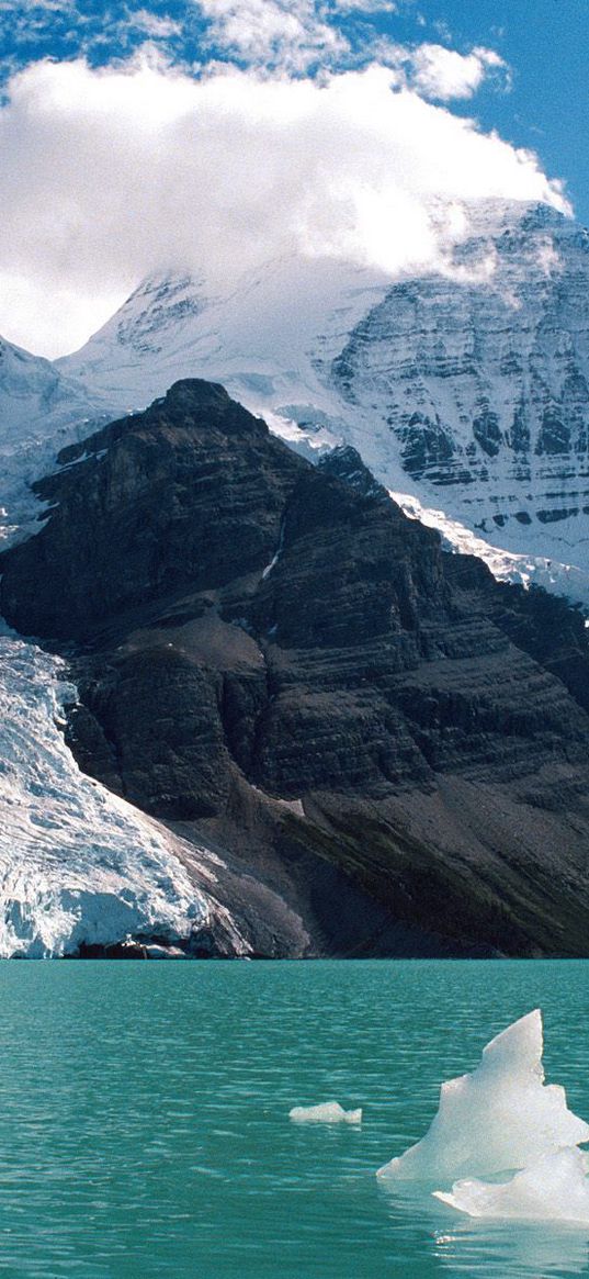 mountains, snow, height, clouds, lake, glacier, day