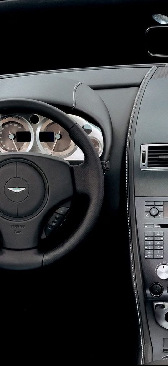 aston martin, v8, vantage, black, salon, interior, steering wheel, speedometer