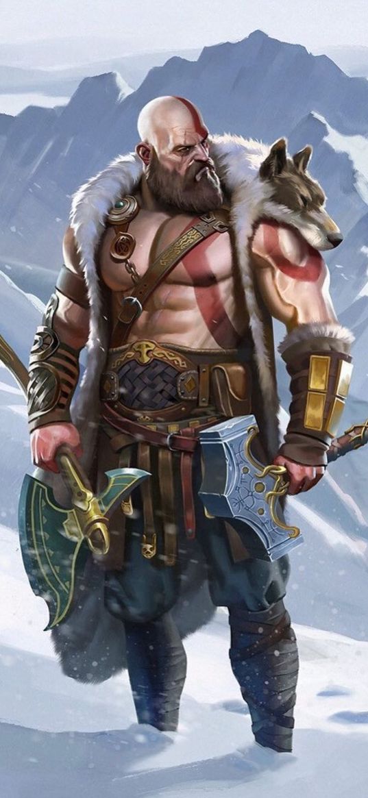 kratos, god of war, game, warrior, axe, hammer, skin, snow, winter, art