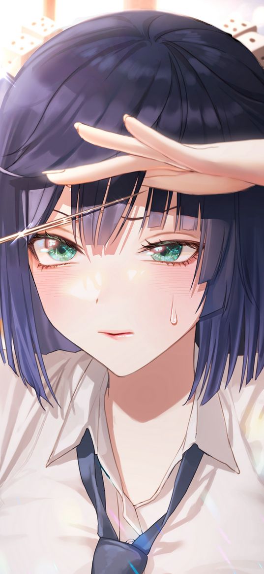 yelan, genshin impact, game, anime, girl, tears, sad, scissors, bangs, hairstyle, art