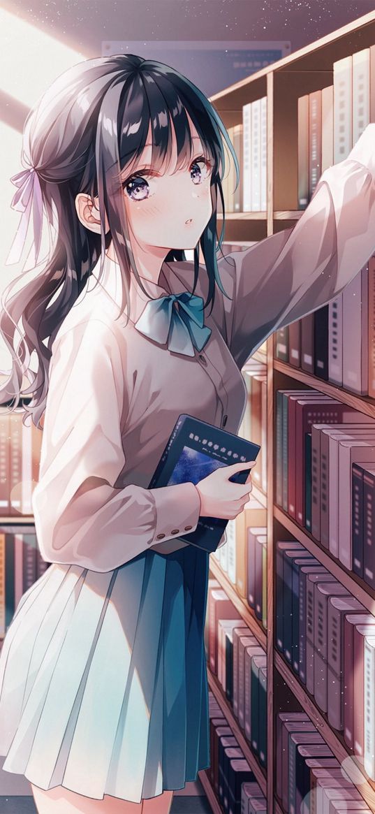 girl, beautiful, cute, book, library, anime, art