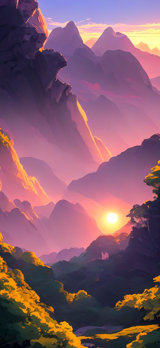 mountains, glow, shadows, nature, art