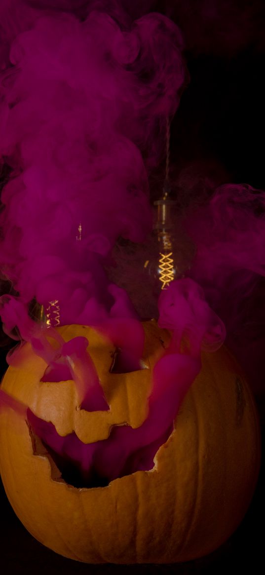 pumpkin, light bulbs, smoke, halloween