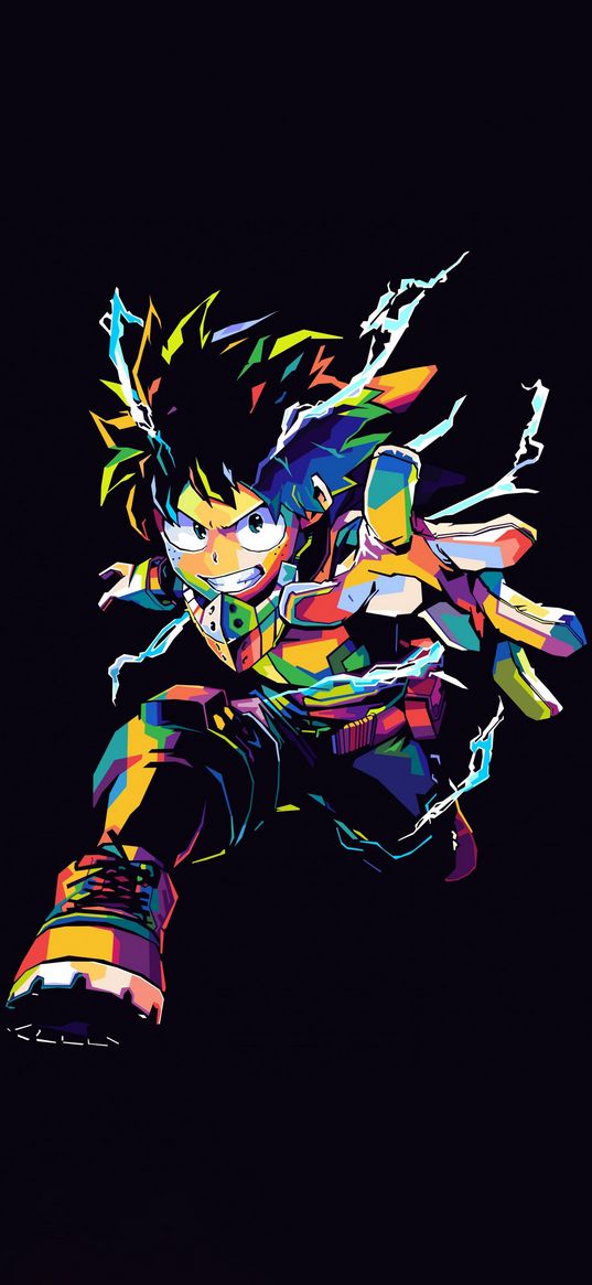 izuku midoria, my hero academy, anime, character, colorful, black background, art