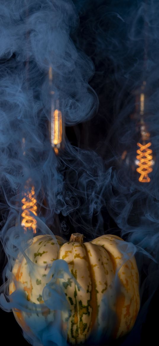 pumpkin, halloween, light bulbs, smoke