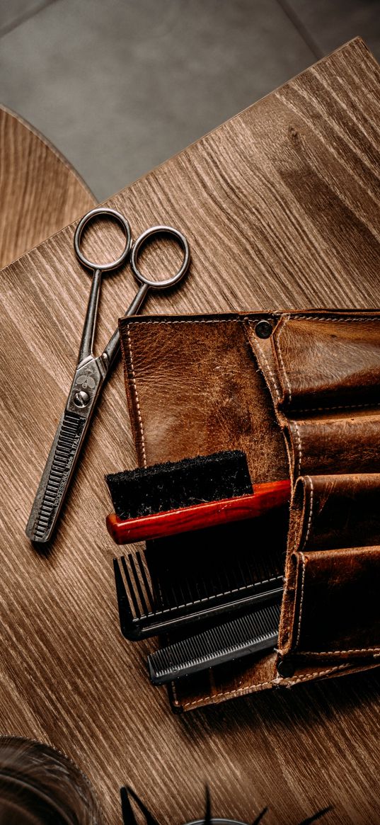 scissors, combs, brushes, table, barbering, barbershop