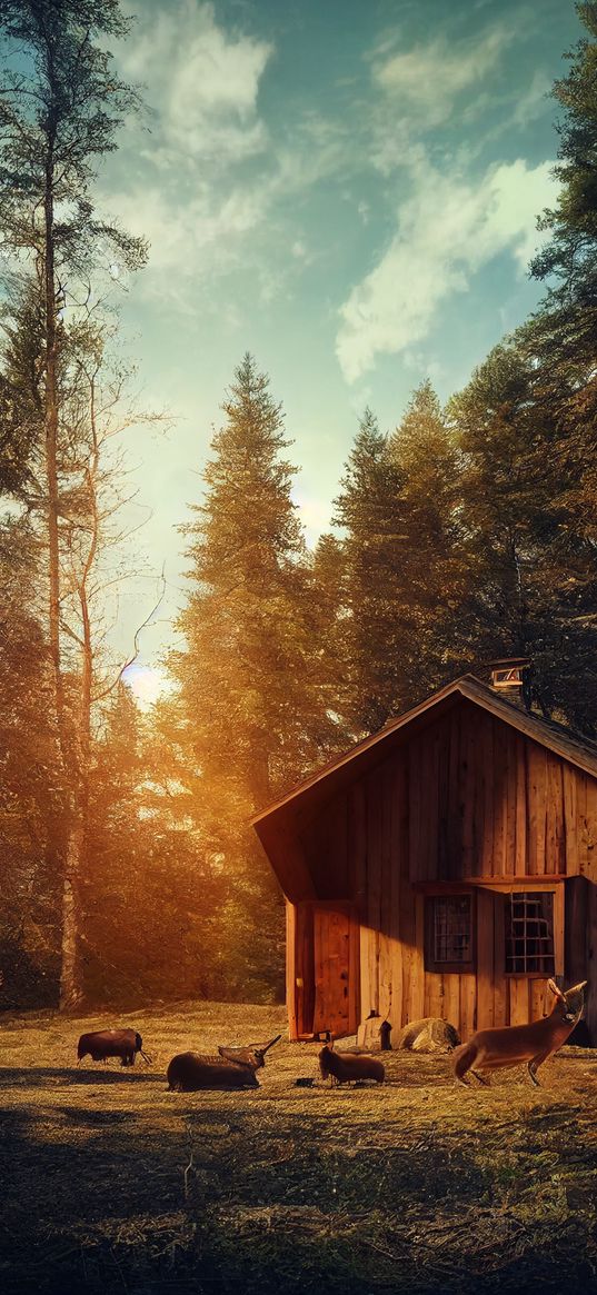 cabin, wood, forest, ray, afternoon