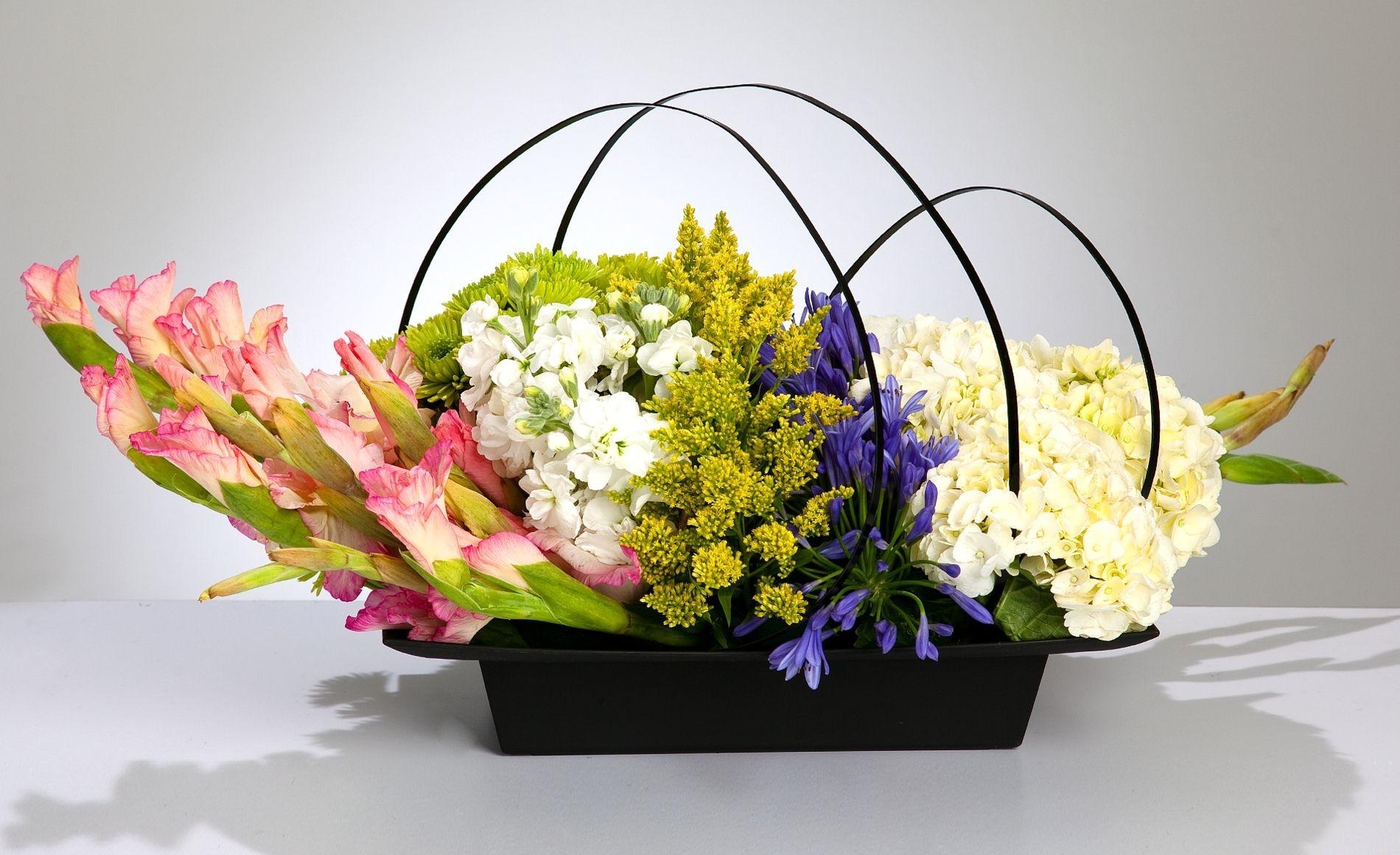 gladiolus, hydrangea, freesia, flowers, basket, composition