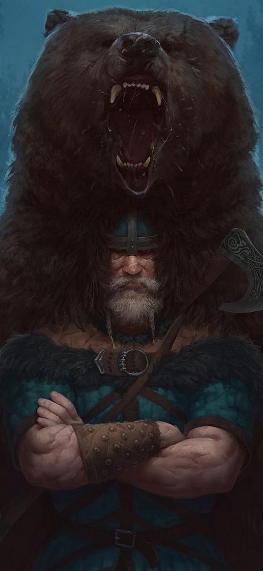 viking, warrior, bear, axe, art
