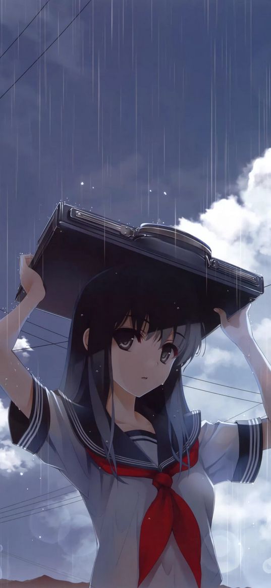 girl, anime, art, schoolgirl, briefcase, rain