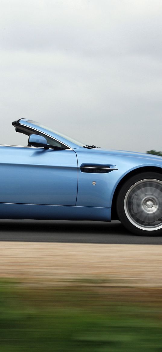 aston martin, v8, vantage, 2008, blue, side view, cabriolet, asphalt