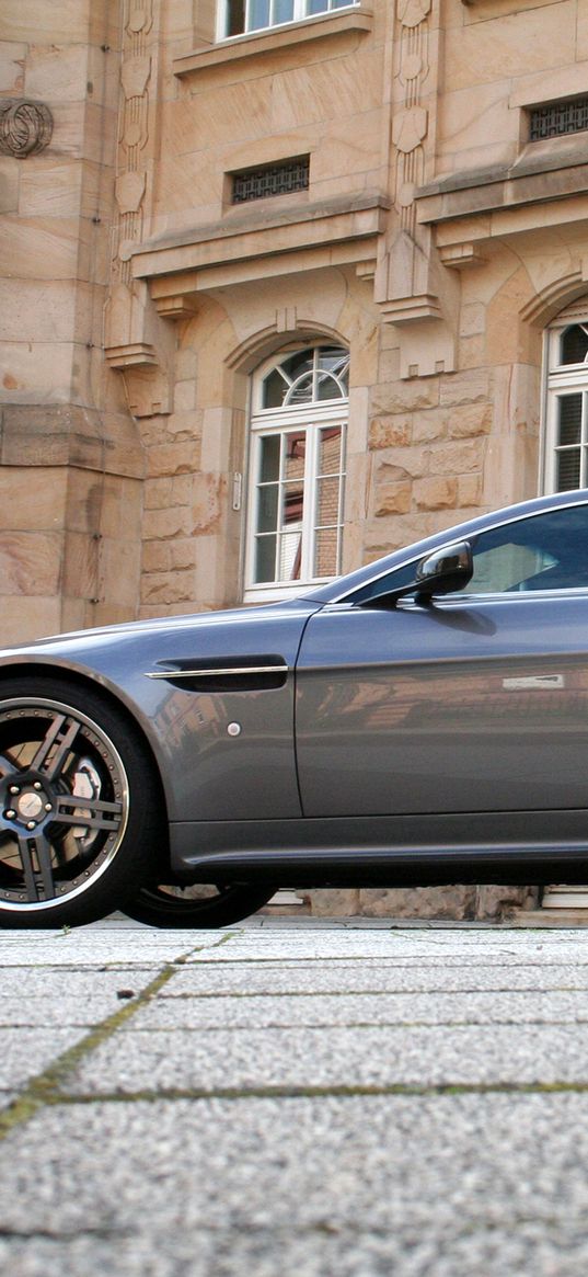 aston martin, v8, vantage, 2009, gray, side view, style, building