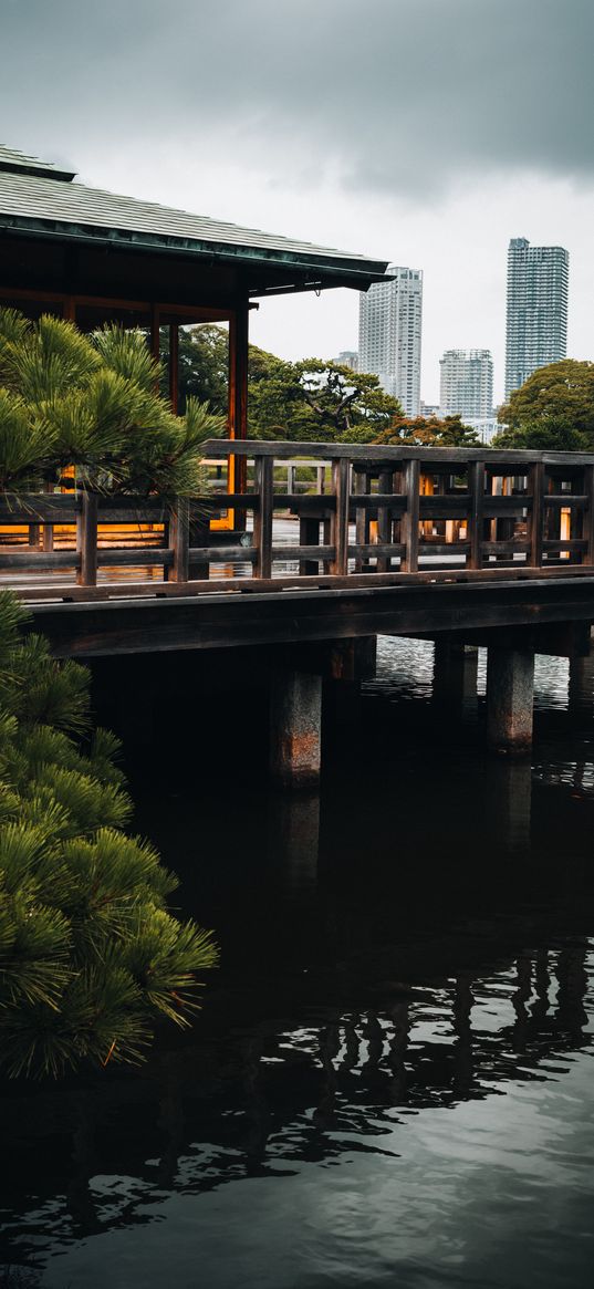 pier, gazebo, buildings, pilings, water