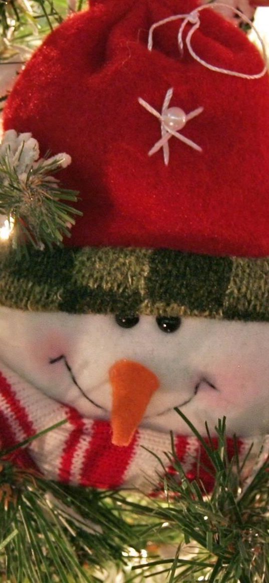 snowman, smiling, tree, pine needles, holiday, new year, christmas