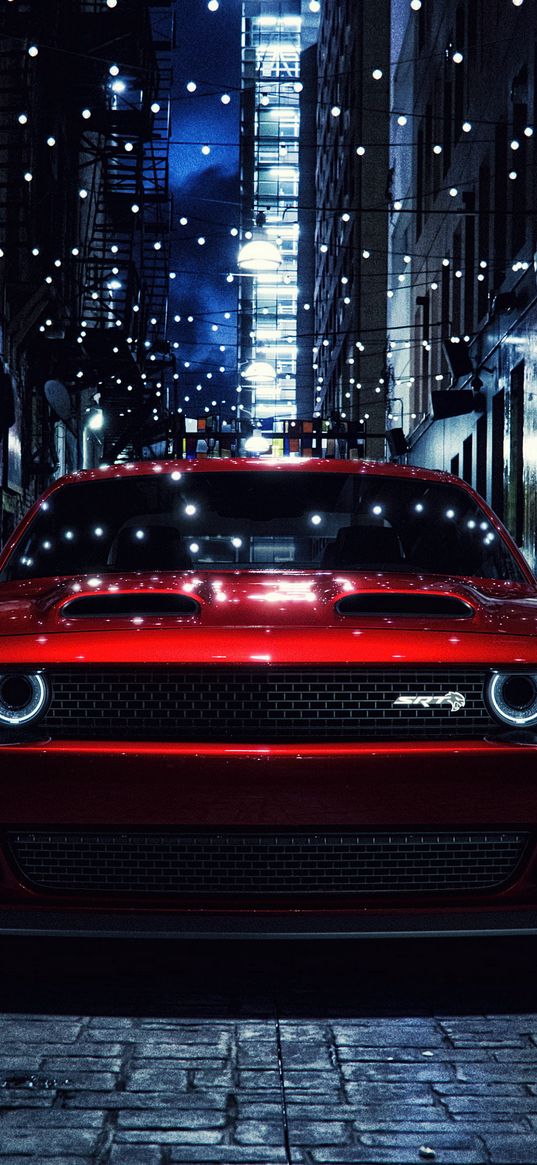 dodge challenger, dodge, car, red, city, night