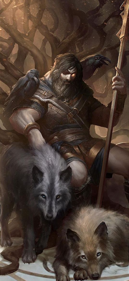 odin, god, character, wolves, spear, raven, tree, art