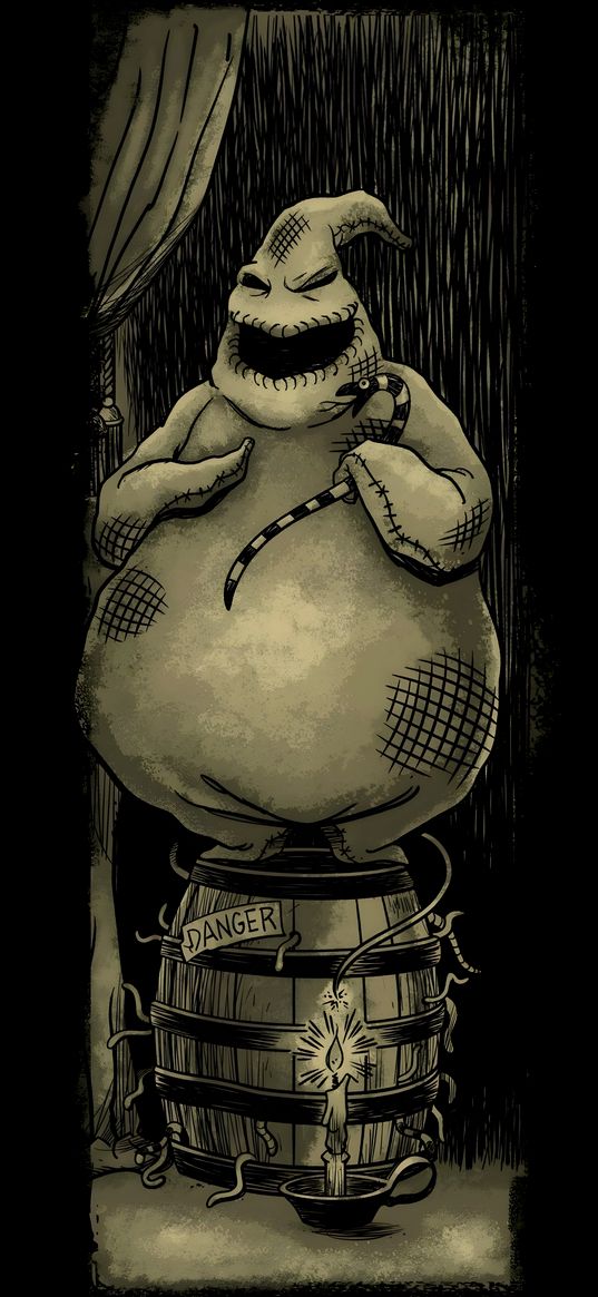 oogie boogie, the nightmare before christmas, cartoon, barrel, dark background, art