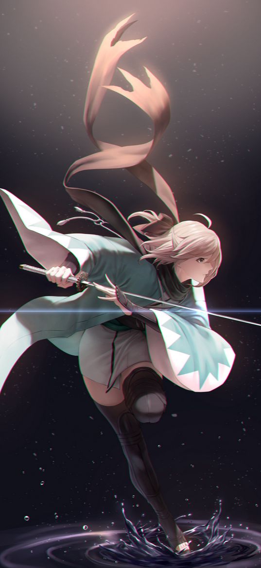 okita souji, fate, anime, girl, katana, attack, art