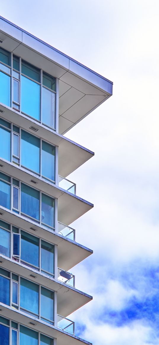 building, windows, glass, balconies, clouds, sky, blue