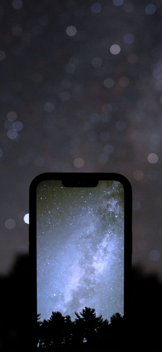 phone, iphone, screen, milky way, trees, night