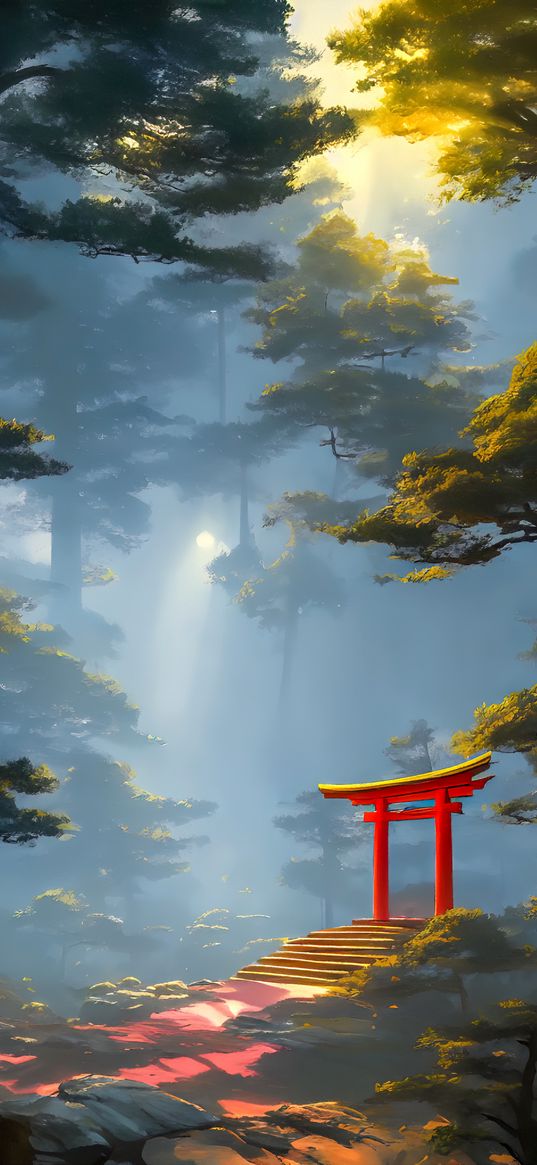 torii gate, steps, trees, fog, art