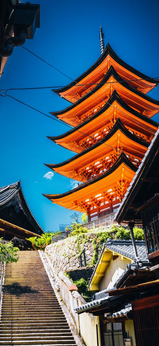 pagoda, buildings, steps, architecture, sky