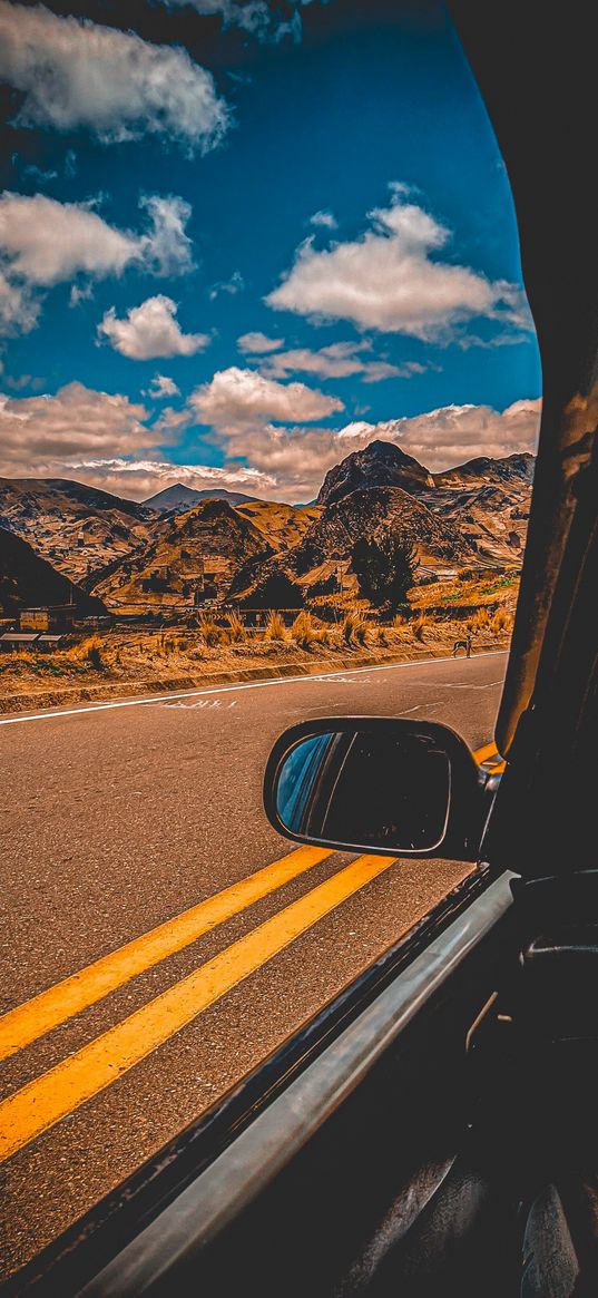 path, highway, yellow, beautiful, mountain, travel, cars, quilotoa, sky, blue