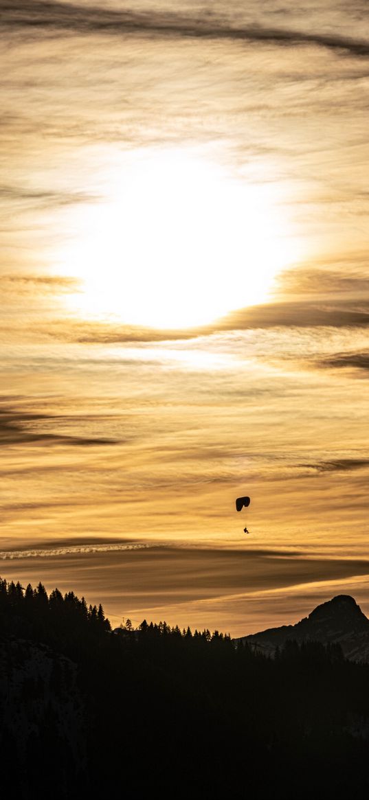 clouds, sky, trees, mountains, paraglider, silhouettes, twilight