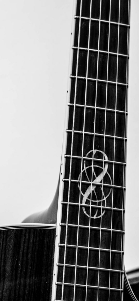 guitar, strings, fretboard, black and white, music