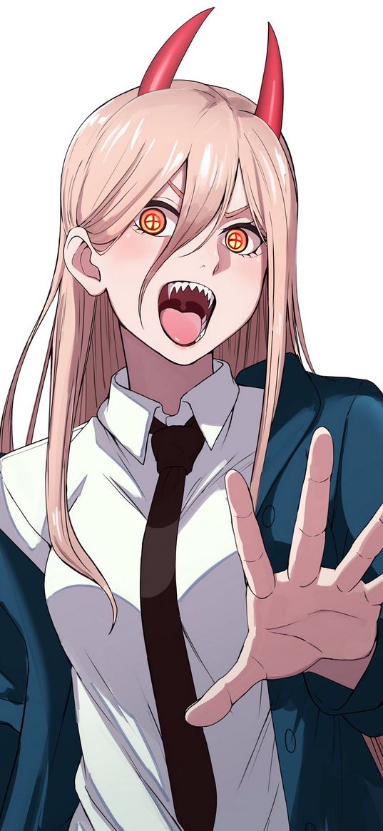 power, chainsaw man, anime, girl, art, grin, fangs, hand