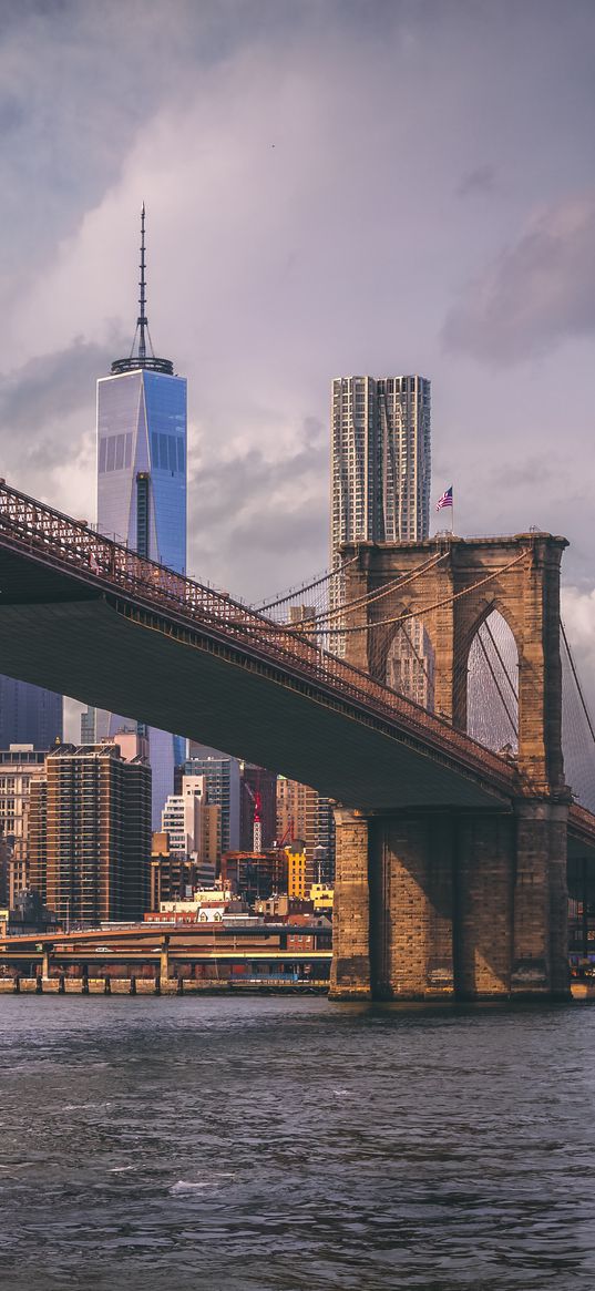 bridge, river, skyscrapers, buildings, new york, usa