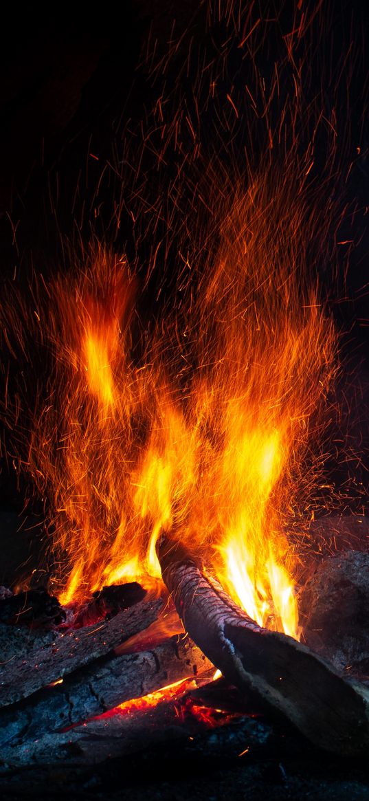 bonfire, logs, firewood, sparks, darkness, flame