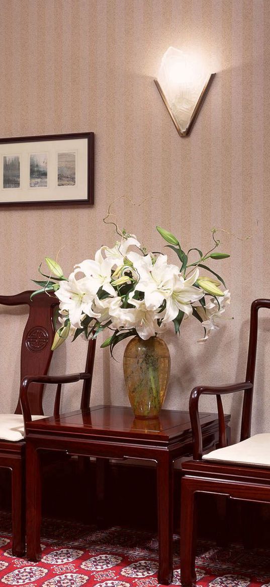 table, chairs, wall, flowers