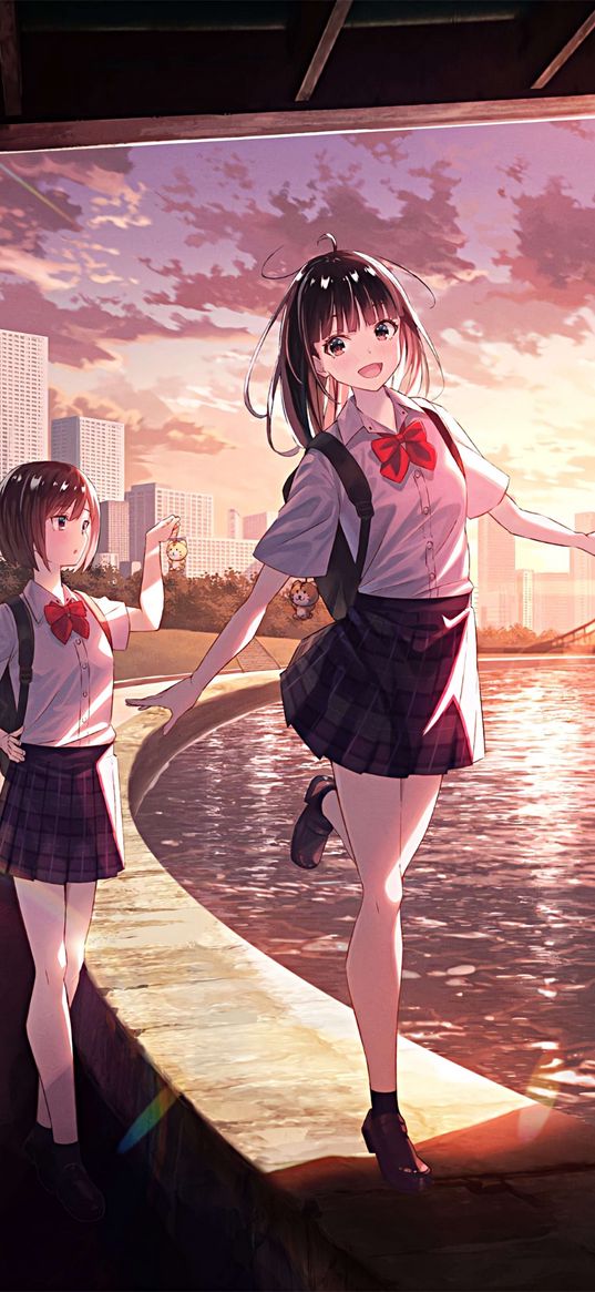 girls, friends, promenade, sunset, anime, art