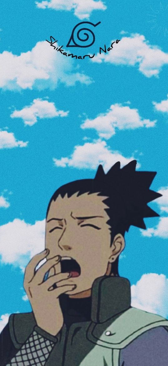 shikamaru nara, naruto, anime, character, yawn, sky, art