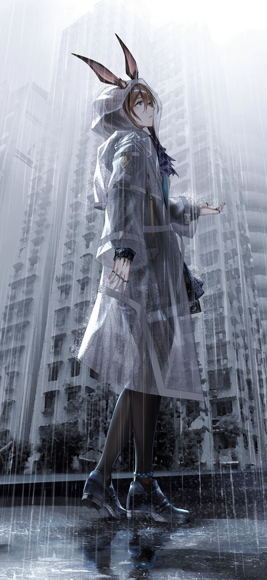 amiya, arknights, anime, girl, game, art, rain, city